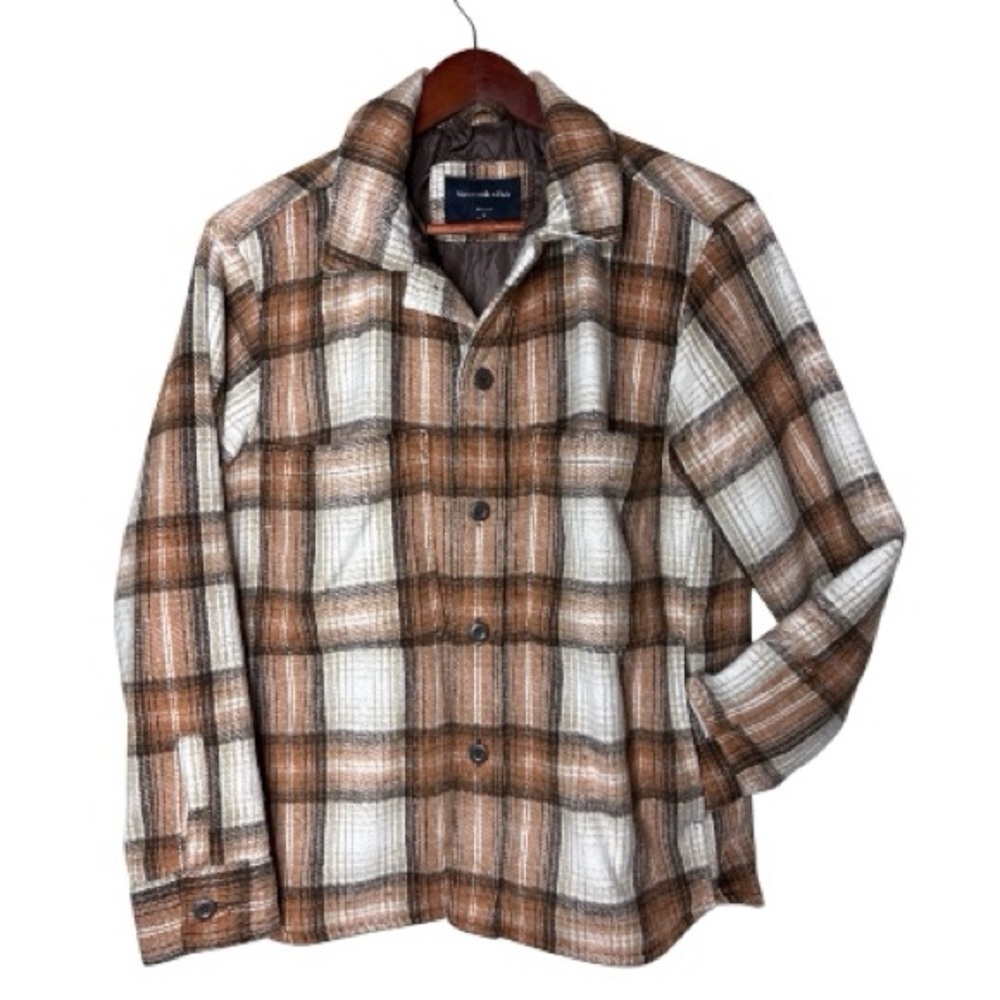 Abercrombie & Fitch Long Sleeve Brown Plaid Shacket Men’s Sz S Relaxed Button Up